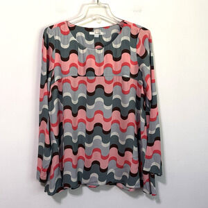 Boden Wavy Geo Popover Top 6R Pink Gray Long Sleeve Trendy Casual Shirt Work